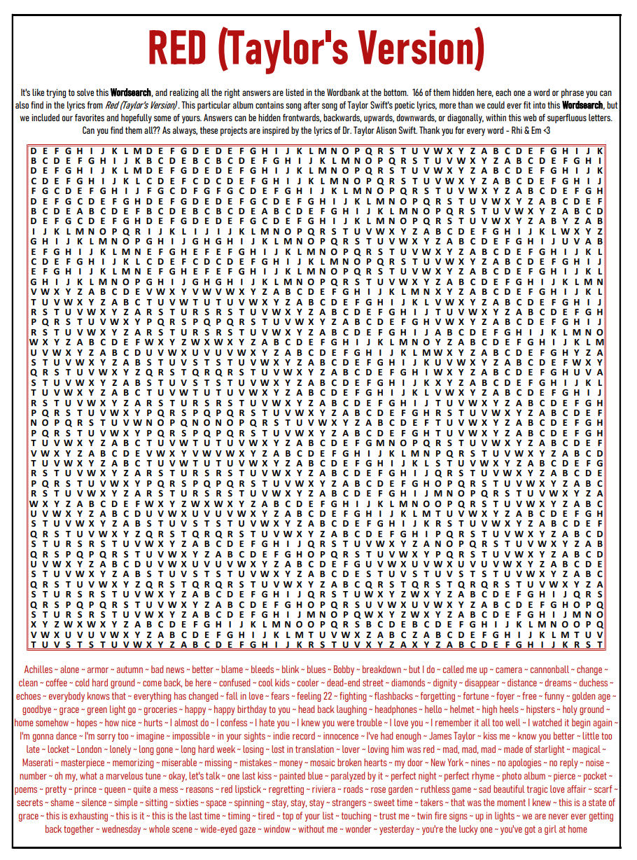 Red TV Wordsearch - DIGITAL DOWNLOAD – Swiftie Puzzle